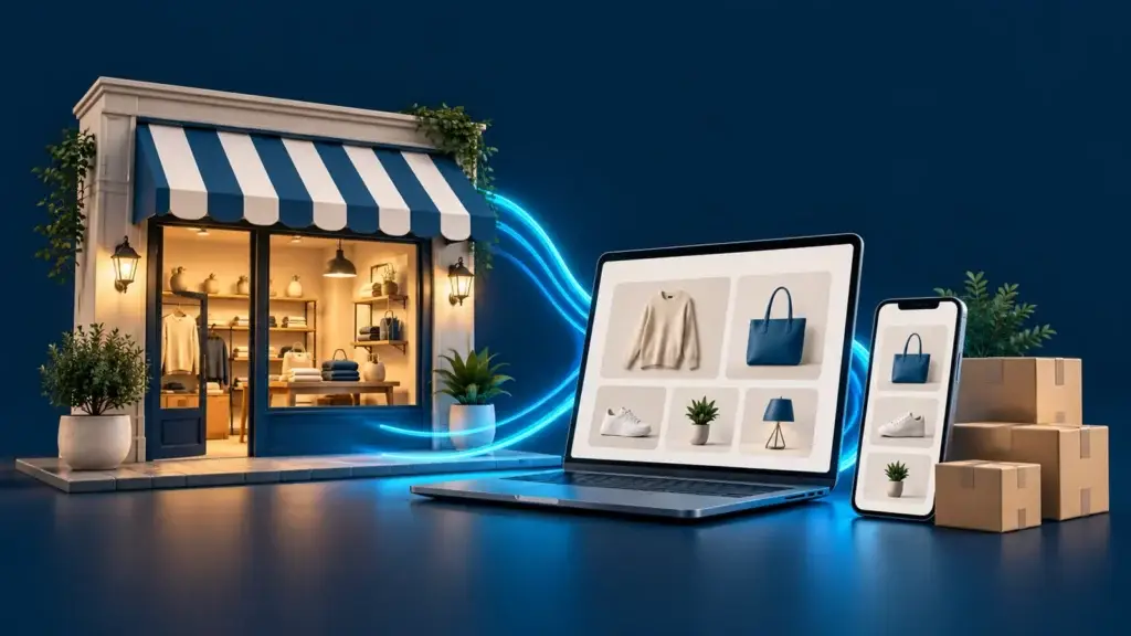 Ilustración de un local conectado con una tienda online en computadora y celular