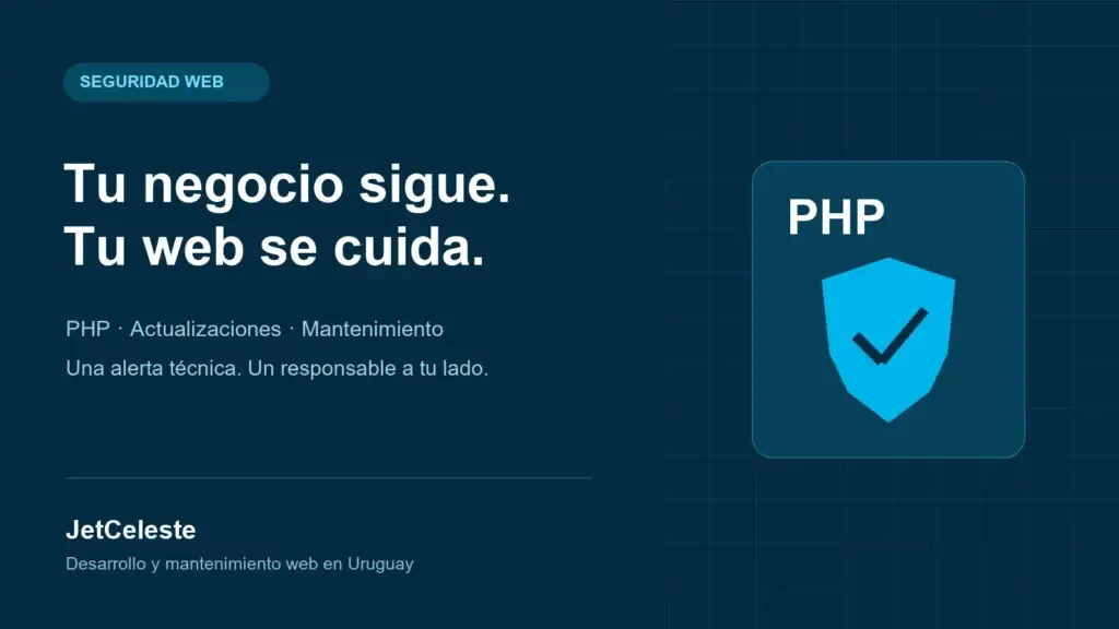 Mantenimiento web en Uruguay: gráfico de PHP con escudo y el mensaje Tu negocio sigue, tu web se cuida
