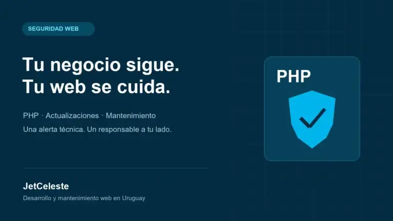 Mantenimiento web en Uruguay: gráfico de PHP con escudo y el mensaje Tu negocio sigue, tu web se cuida