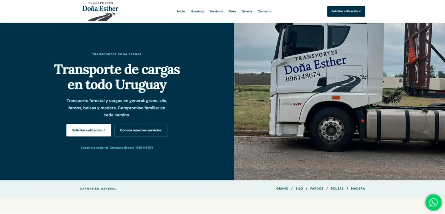 Vista del sitio web de Transportes Doña Esther, desarrollado por JetCeleste